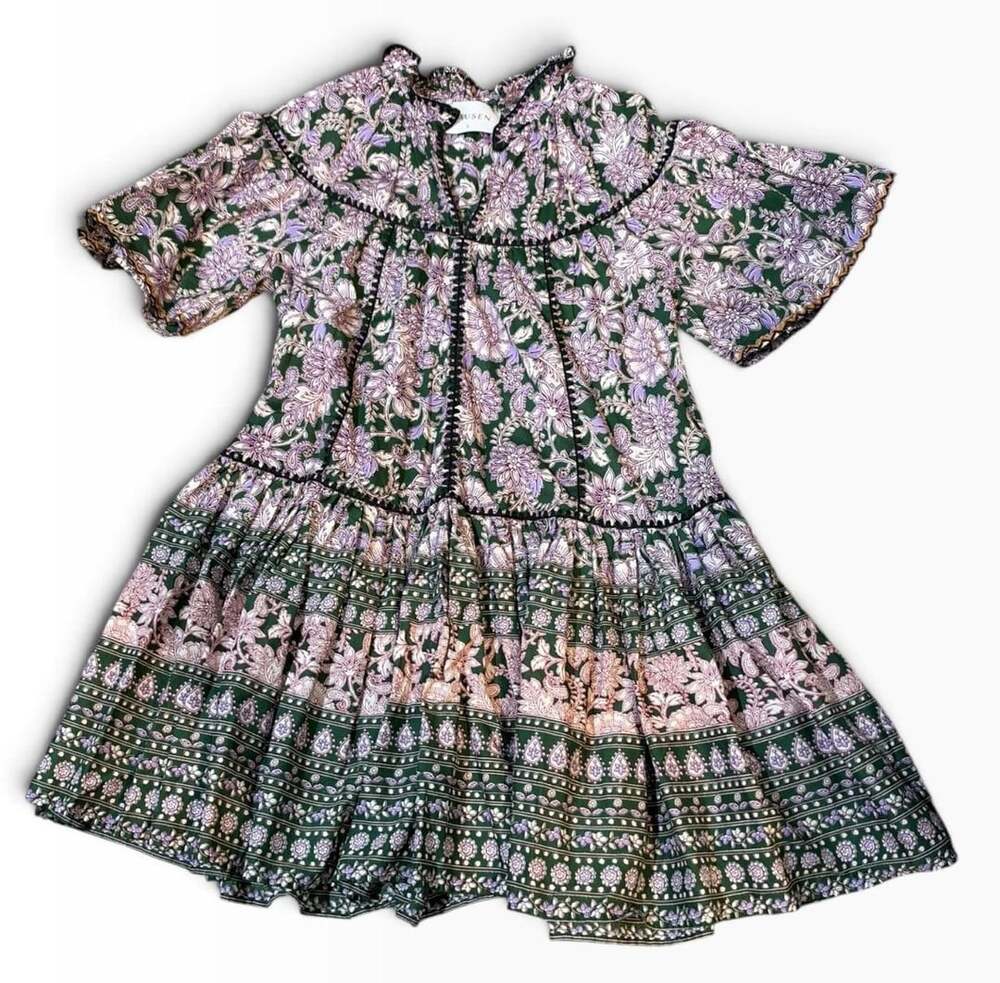 Olivaceous Hausen Size S Green Purple Floral Cotton Mini Dress Gameday